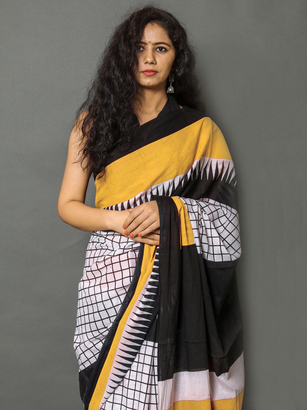 Stylish Yellow, Black and White Printed Saree view 2